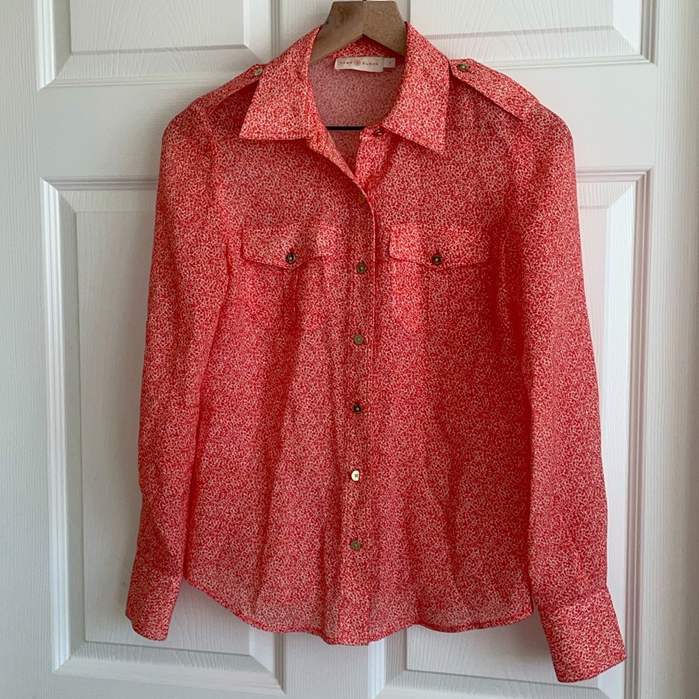 Tory Burch size 2 coral print button down blouse